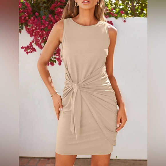 Morhuduck Women's Casual Sleeveless Bodycon Beach Tank Ruched Mini Dresses Cream - Picture 3 of 5